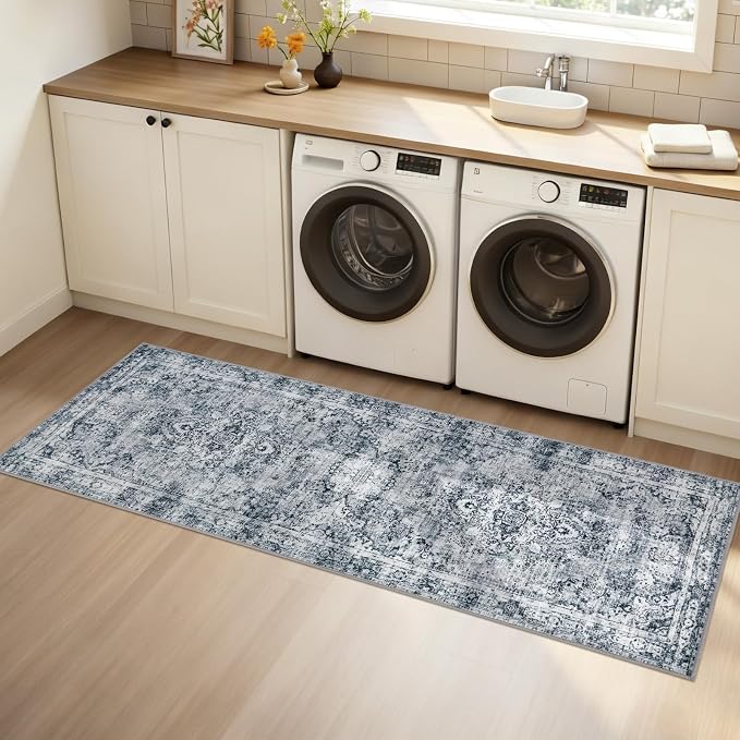 Joydeco Washable 2x5 Hallway Runner Rug Vintage, Light Grey | Water Resistant Low Pile Non Slip Backing for Kitchen Entryway Bathroom Dining Room