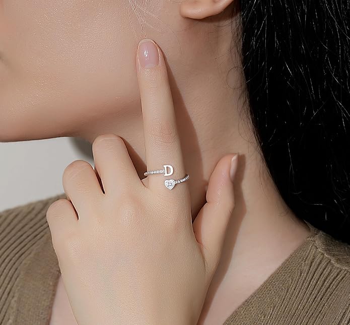 Step Forward 925 Sterling Silver Adjustable Initial Ring for Women | Non Tarnish Letter Rings for Lady | Alphabet Heart Thumb Rings | Capital Letter Jewelry Gifts