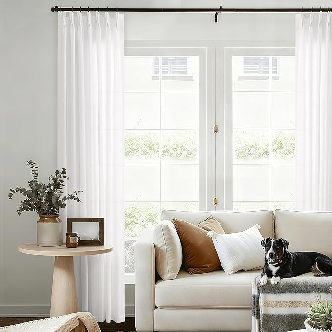 Ivory Pinch Pleated Linen Curtains 84 Inch Length Semi Sheer Privacy | Light Filtering Drapes, for Living Room Bedroom, Neutral Cream, Pleat Curtain 84 Inches Long, Hooks Rings, Back Tab, 1 Panel