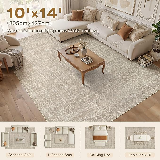 Nakagishi 10x14 Area Rugs Living Room: Washable Large Vintage Rug Neutral Non-Slip Soft Stain Resistant Indoor Carpet for Bedroom Nursery Dining Room Office Playroom - Brown