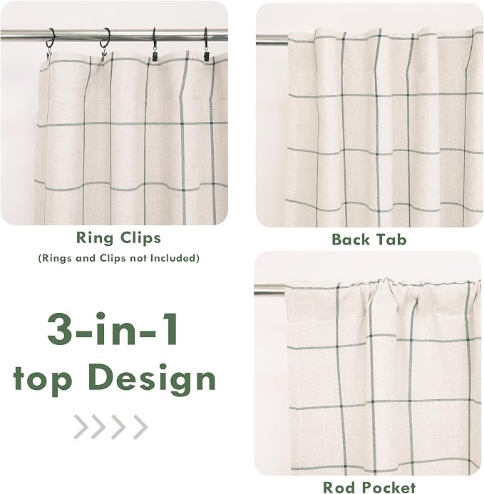 DriftAway 100% Blackout Plaid Linen Curtains W52xL63 Loden Green | 100% Blackout, Linen Texture, Plaid Pattern, Two Layers, Rod Pocket & Back Tab, Bedroom Living Room Use, Luxury Appearance