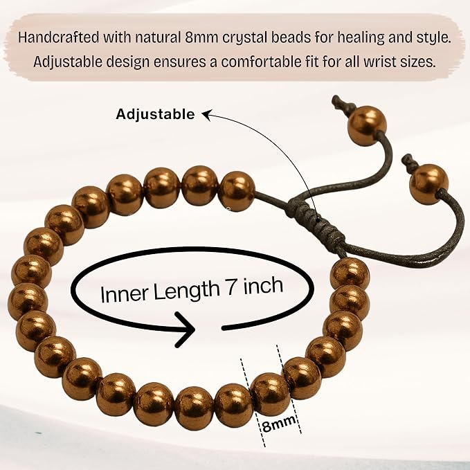 Amazing Gemstone Copper Hematite Bracelet, Gifts for Men & Women - Protection Healing Crystal Bracelet - 8mm Gemstone Beaded Adjustable Bracelet, Pulseras para Hombres Mujer Stocking Stuffers