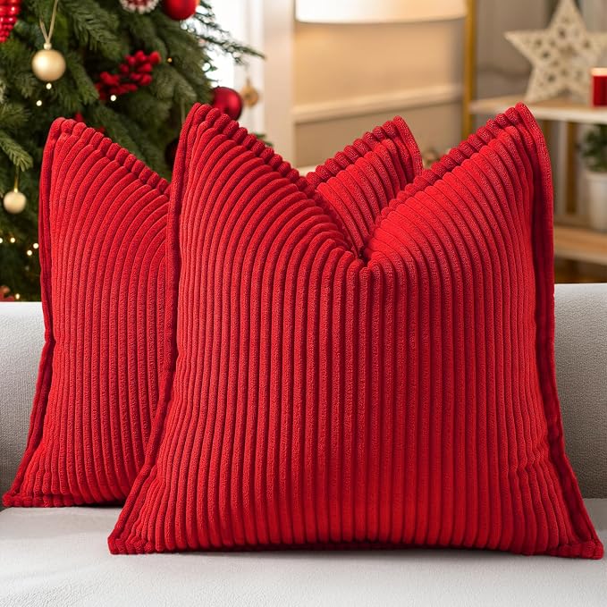 decorUhome Fall Corduroy Red Throw Pillow Covers 18x18 Set of 2 | Couch Decorative Soft Modern Boho Farmhouse Pillow Covers Broadside Striped Pillow Cases for Living Room Bed Sofa