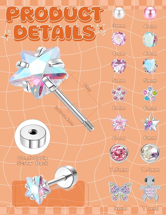 LOYALLOOK 14Pairs Hypoallergenic Screwback Earrings for Women Girls Tiny CZ Pearl Ball Heart Flower Screw Back Earring Studs 316L Stainless Steel Stud Earrings Flatback 20G Over 3 Years Old