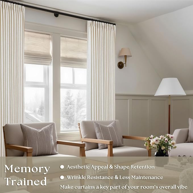 98 Inch Long Curtains Pinch Pleat Linen Curtains for Living Room Bedroom 2 Panels Natural Cream Light Filtering Privacy Neutral 98 Inch Pleated Drapes Hooks Rings Back Tab for Window Treatment