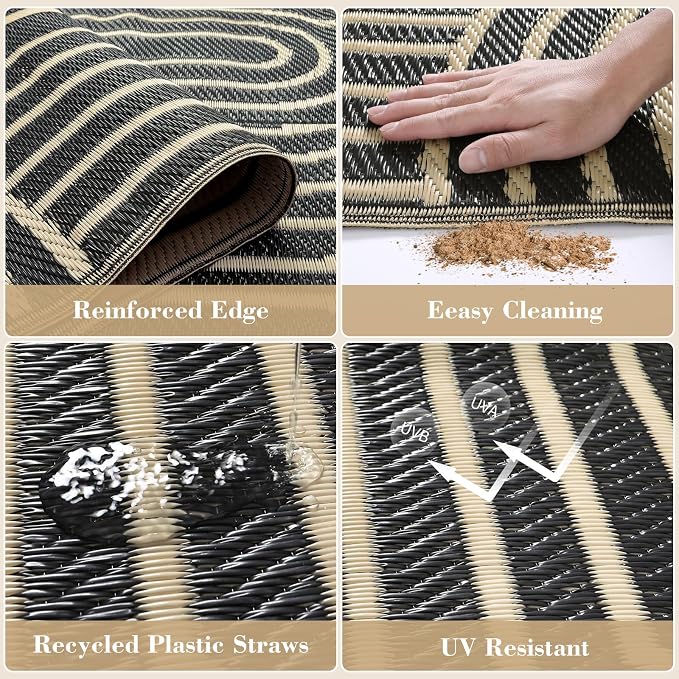 Lahome Black and White Outdoor Rug 9x12,Large Camping Rugs for Outside Your Rv,Outdoor Plastic Straw Mats Patio Waterproof,Porch Carpets for Beach Backyard Garden(Black,9'x12')