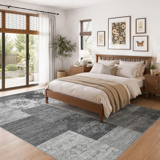 UERMEI 8x10 Area Rug for Living Room - Washable Vintage Carpet, Non-Slip Soft Large Indoor Floor Rugs for Bedroom Home Office & Under Dining Table Decor, Gray Block