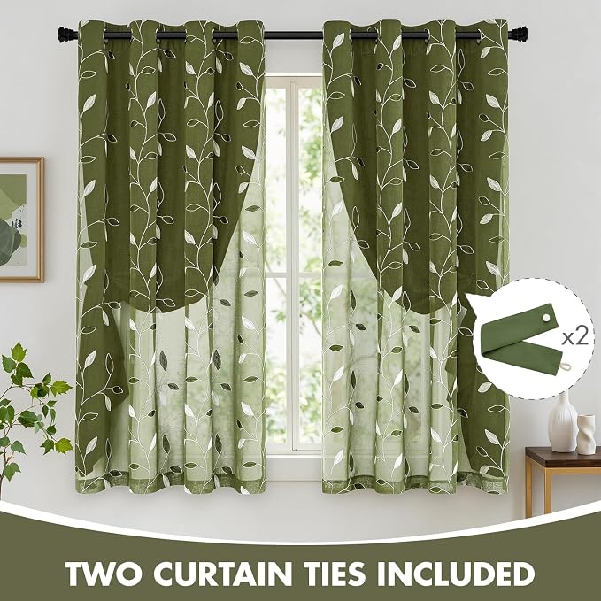 MIULEE Olive Green Double Layer Curtains 63 Inches Long, Leaf Patterned Sheer Floral Drapes and Blackout Room Darkening Window Curtains for Living Room Bedroom, Grommets Top, 52" W x 63" L, 2 Panels