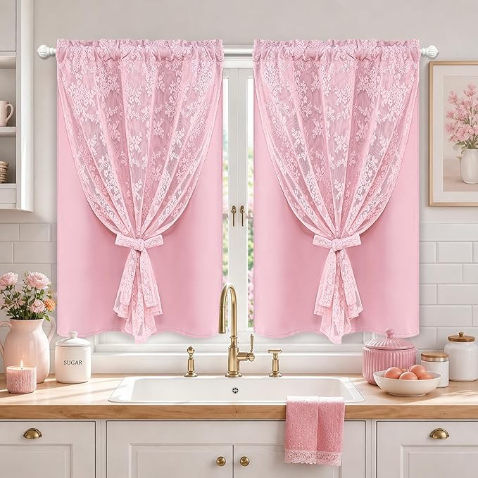 Yinhua Pink Kitchen Curtains 36 Inch Length Double Layer Blackout Curtains for Kitchen Rod Pocket Short Curtain for Windows, Small Window Curtain for Bathroom, Living Room, 2 Panels