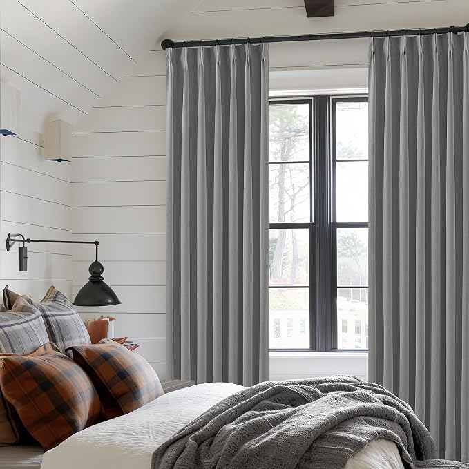 Grey Pinch Pleated 100% Blackout Linen Curtains for Bedroom 84 Inch Length | Room Darkening with Liner, Memory Shape Pleat Back Tab, Thermal Insulated, for Living Dining Room Window, W40xL84 2 Panels