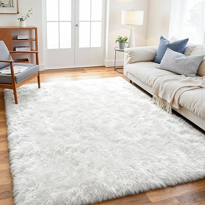 4x6 Area Rug for Living Room, Ultra Soft Fluffy White Rugs for Bedroom, Non Slip Large Shag Carpet, Fuzzy Plush Nursery Rug, Thick Washable Indoor Floor Carpets for Kids Office Dorm Home Decor