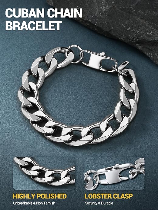 PROSTEEL Silver/Gold/Black Bracelets for Men Figaro Cuban Link, 6mm-13mm Width, 7.5"/8.3"/9" Length, Stainless Steel Mens Bracelet Jewelry with Gift Box