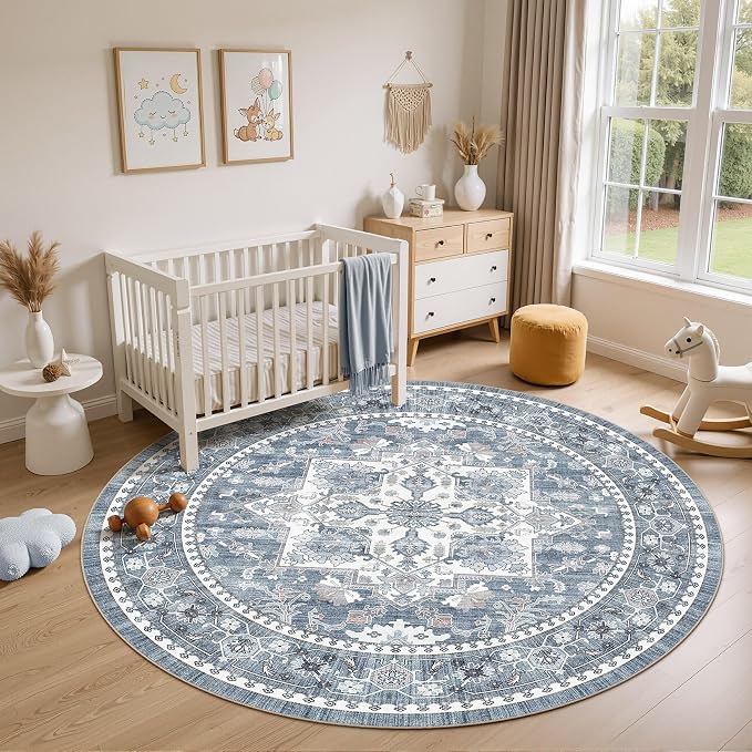 5ft Round Area Rug: Washable Vintage Neutral Soft Non Slip Thin Large Floor Carpet for Living Room Bedroom Kitchen Dining Room Home Office Farmhouse Indoor - Blue