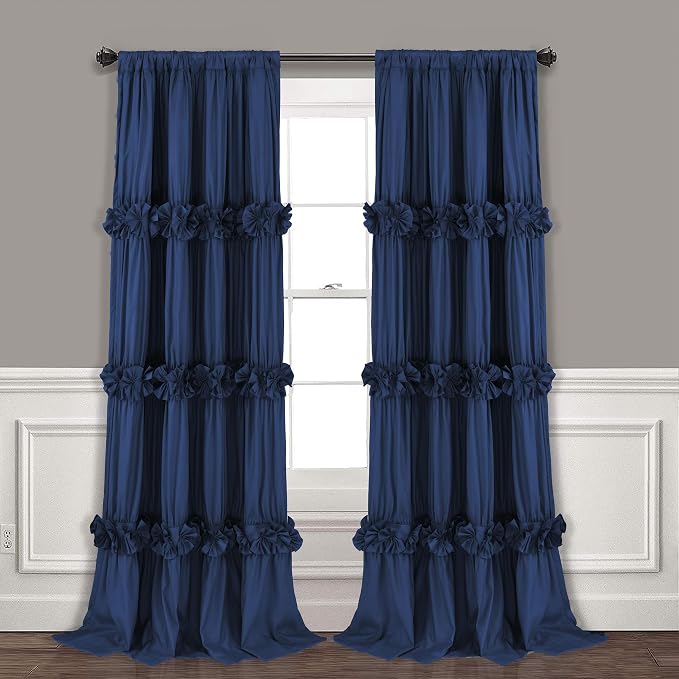 Homechoice Decor Thermal Insulated Window Curtains, 54" W x 84" L (Pair) | Boho Ruched Blackout Window Treatments with 3 Rows of Butterfly Flowers, Rustic Rod Pocket Drapes for Room, Navy (LQ-30)
