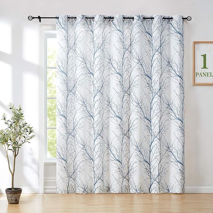 FMFUNCTEX Linen Blue White Semi Sheer Patio Curtains 96 Inch Long 1 Panel | Extra Wide Sheer Patterned Patio Door Drapes, Tree Branch Print, Grommet Top for Sliding Doors and Airy Farmhouse Privacy