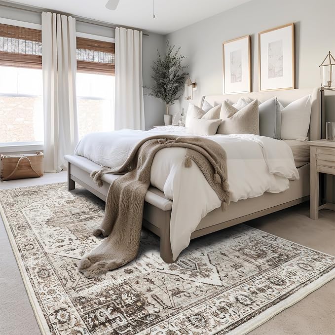 Roxstand 8x10 Washable Area Rug, Large Non Slip Rug, White/Brown | Non-slip Backing, Low-Pile Carpet, Stain Resistant,Rugs for Living Room,Bedroom, Dining Room, Office