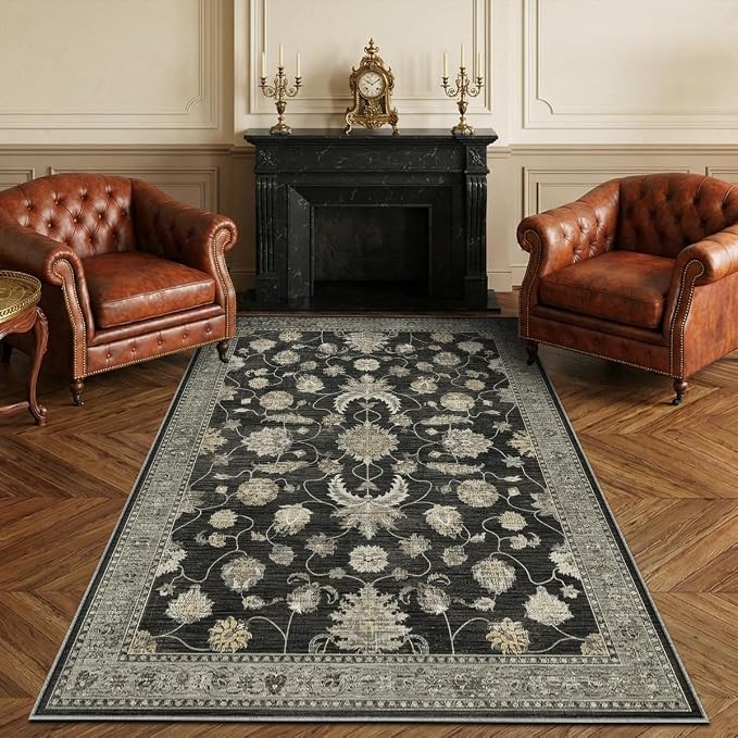 4x6 Area Rug for Living Room-Vintage Farmhouse Boho Floral Washable Stain Resistant Indoor Carpet for Bedroom Office and Home Decor(Black&Gold)