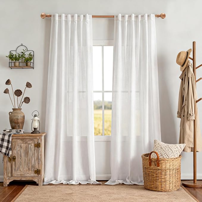 MYSKY HOME Floor to Ceiling Curtains 102 Inches Long White Sheer Window Drapes 2 Panel Sets Semi Sheer Light Filtering for Living Room Bedroom，Boho Back Tab Sliding Glass Door Draperies, 50" Wide