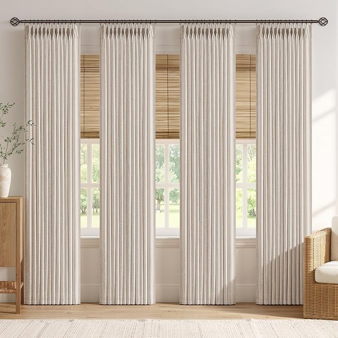 MIULEE 4 Panels Set Pinch Pleated Linen Curtains 90 Inches Long for Living Room Bedroom, Thick Linen Memory Trained Pleat Drapes Back Tab Light Filtering Cream White Window Curtains with Hooks