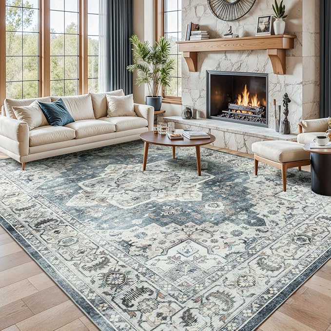 Lessymo Washable Area Rug for Living Room,10x14 Large Rugs with Non-Slip Backing,Soft Boho Carpets for Bedroom Dining Room Nursery Home Office,Blue Grey/Beige