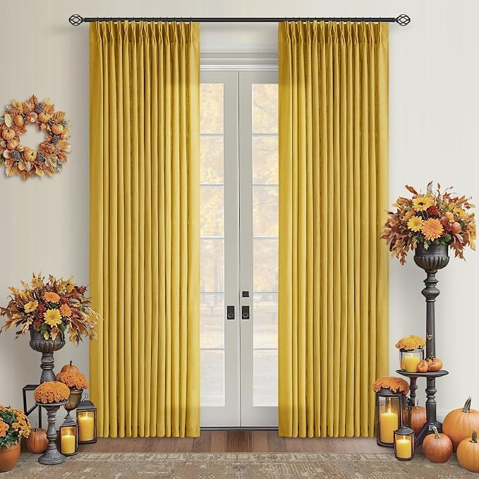 TWODRAPES Mustard Yellow 80 Inch Pinch Pleated Linen Light Filtering Curtains 2 Panels