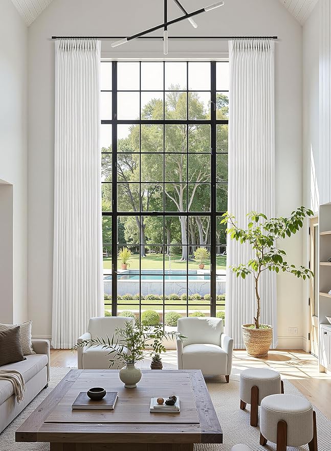Pinch Pleated Linen Curtains 144 Inches Long for Living Room 2 Panel Set Floor to Ceiling Drapes Beige White Cream Ivory Light Filtering Pinch Pleat Curtain Back Tab Neutral Boho Farmhouse Window