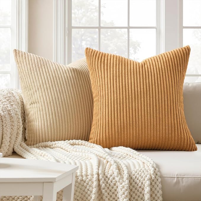 Topfinel Yellow Brown Gradient Rustic Pillow Case Boho Throw Pillow Covers 22x22 Inch Set of 4 Soft Farmhouse Corduroy Striped Decorative Cushion Cover for Sofa Couch Living Room Bedroom