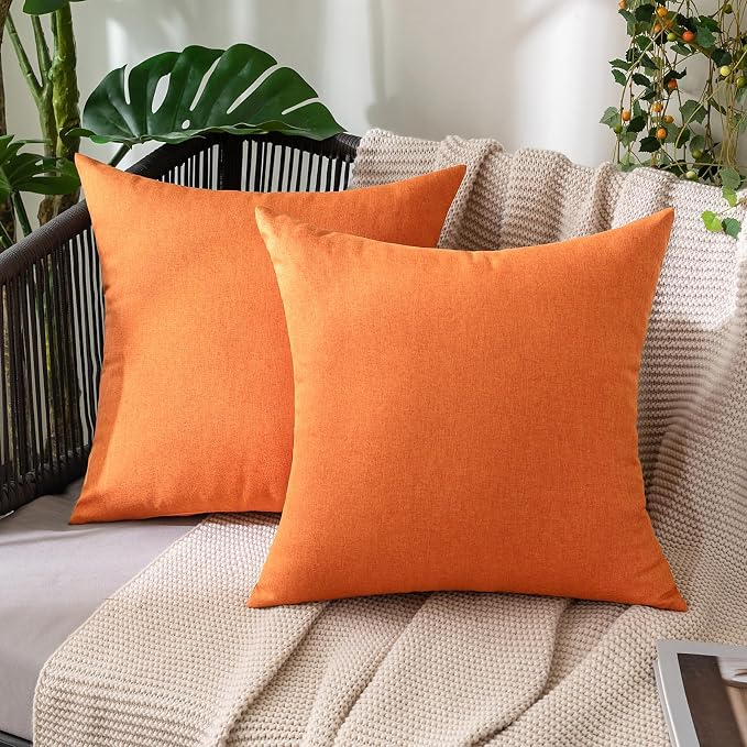 MIULEE Pack of 2 Decorative Outdoor Solid Waterproof Throw Pillow Covers Euro Sham Faux Linen Garden Farmhouse Cushion Cases for Summer Patio Tent Balcony Couch Sofa 26x26 Inch Bright Orange