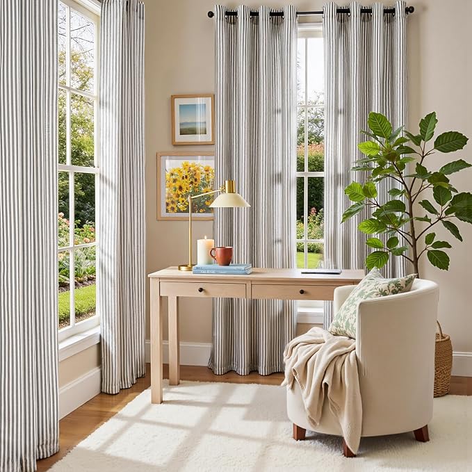 Vangao Linen Striped Curtains for Living Room Bedroom Farmhouse Tickingstripe Light Filtering Window Curtains Printed Drapes Grommet Top 2 Panels Charcoal Grey W50 x L84 Inch