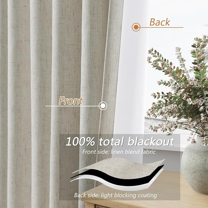 Guken Extra Long 100% Blackout Linen Curtains for Bedroom 120 inches Long, Thermal Insulated Room Darkening Black Out Drapes for Living Room, Back Tab Rod Pocket 2 Panels Set,Eggshell Beige,52x120