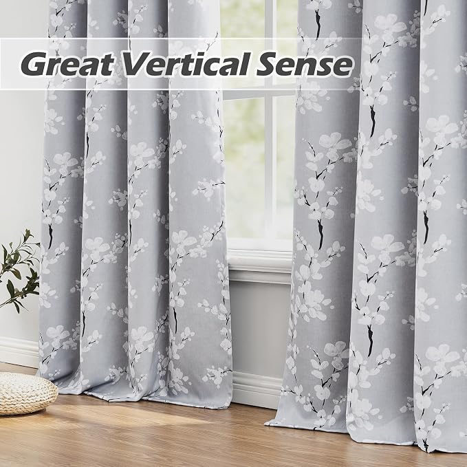 FMFUNCTEX 100% Blackout Grey Floral Curtains, Rod Pocket 18 Inch 1 Panel | Black Out Drapes, Thermal Insulated, Blossom Patterned Short Panel for Kitchen Curtains, Cafe, Bathroom, Door Glass