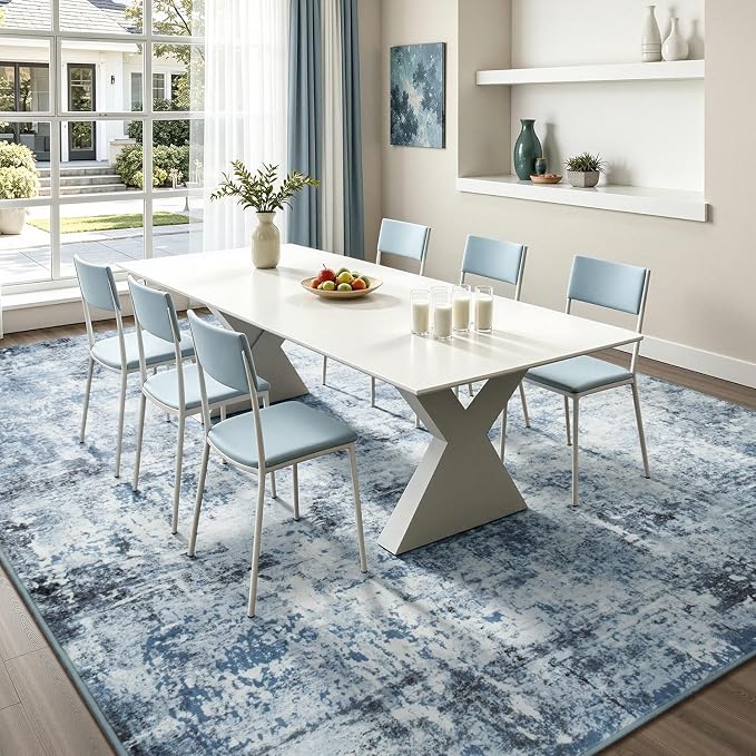 Rugflix 8x10 Area Rugs for Living Room, Washable Large Rug Stain-Resistant Low Pile, Modern Dark Carpet for Dining Room Home Office Kid Room Nursery Bedroom, Blue Grey/Black