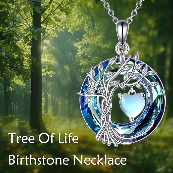 POPLYKE Mothers Day Gifts for Mom Her Wife Tree of Life Necklace 925 Sterling Silver Birthstone Pendant with Crystal Anniversary Birthday Wedding Jewelry for Women