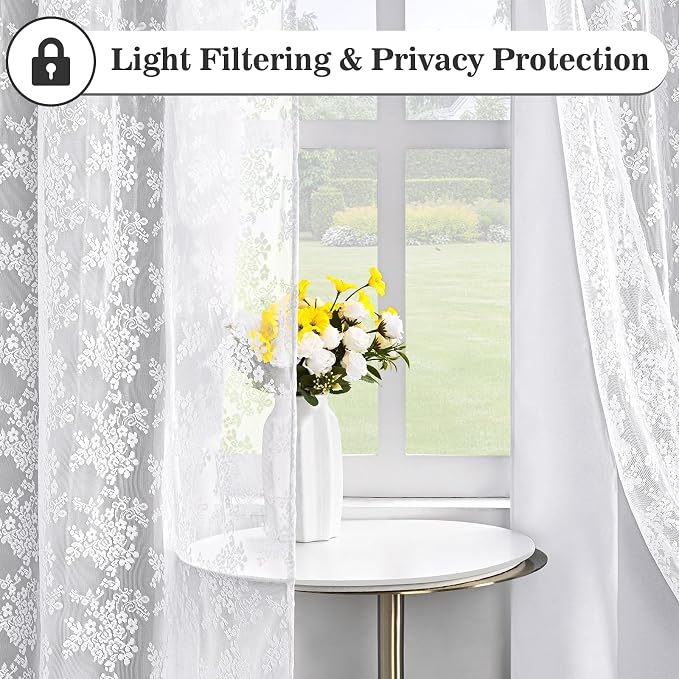Yinhua Blackout Curtains for Bedroom Double Layer Grey Curtains for Living Room 63 Inch Length 2 Panels Set Kid Curtain with Floral Sheer Overlay, Grommet Drapes with Tiebacks, 52" W x 63" L