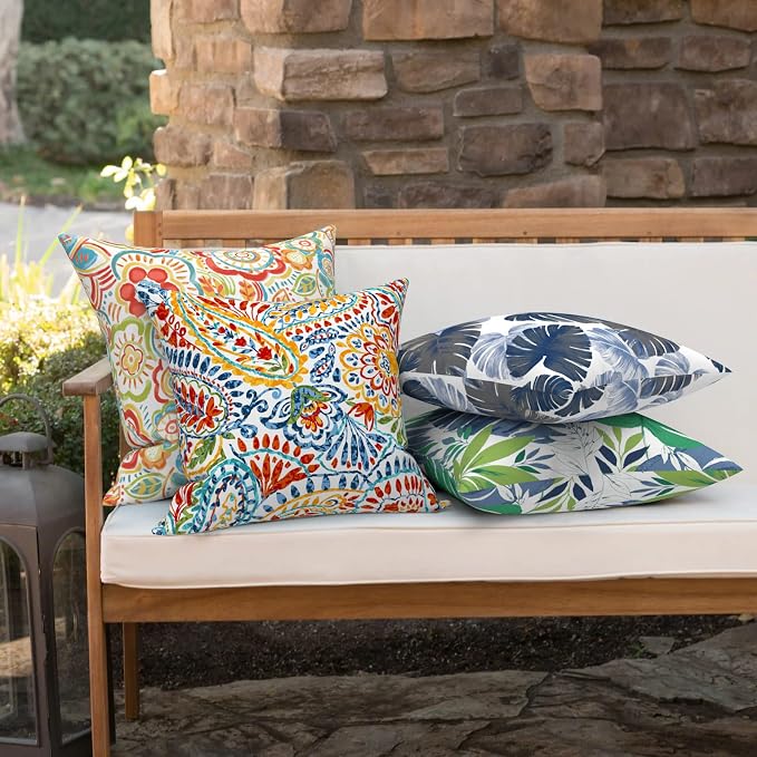 Outdoor 16x16 Inch Throw Pillow Covers Set of 2, All Weather Square Pillow Cases, Patio Cushion Pillow of Home Furniture Use, Flower Multi