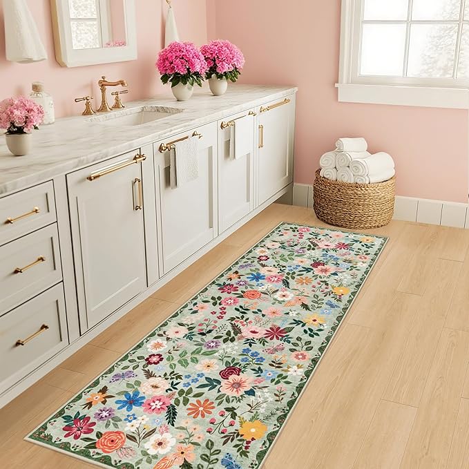 Runner Rug for Entryway: 2x5 Kitchen Rugs Non Slip Washable Ultra-Thin Soft Floral Carpet Indoor Floor Stain Resistant Carpets for Hallway Bedroom Kitchen Laundry Bathroom Dorm Green