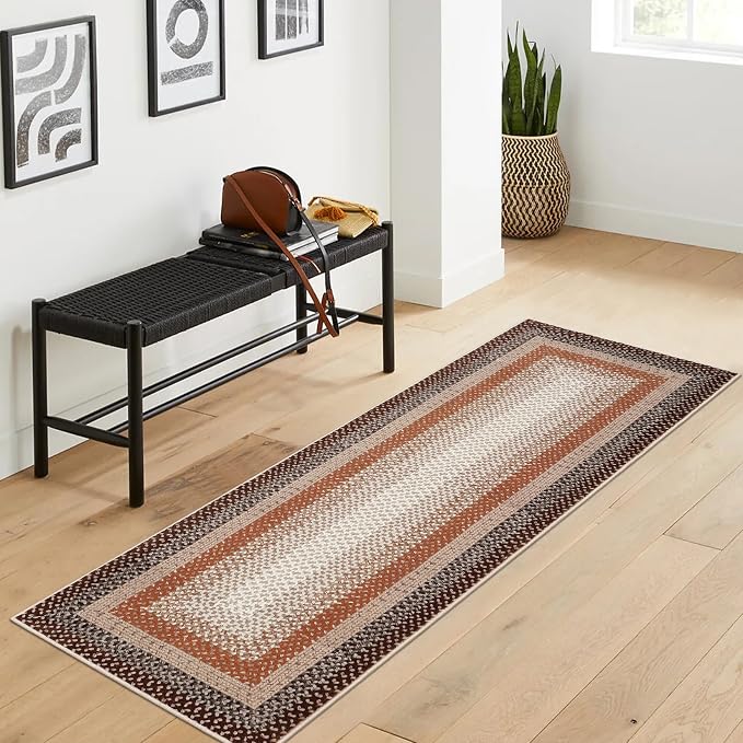 RUGSREAL Washable Runner Rug 2x8 Non Slip Braided Hallway Runner Mat Stain Resistant Kitchen Rug Farmhouse Printed Carpet Rustic Accent Runner for Living Room Bathroom Entryway, Brown/Rust