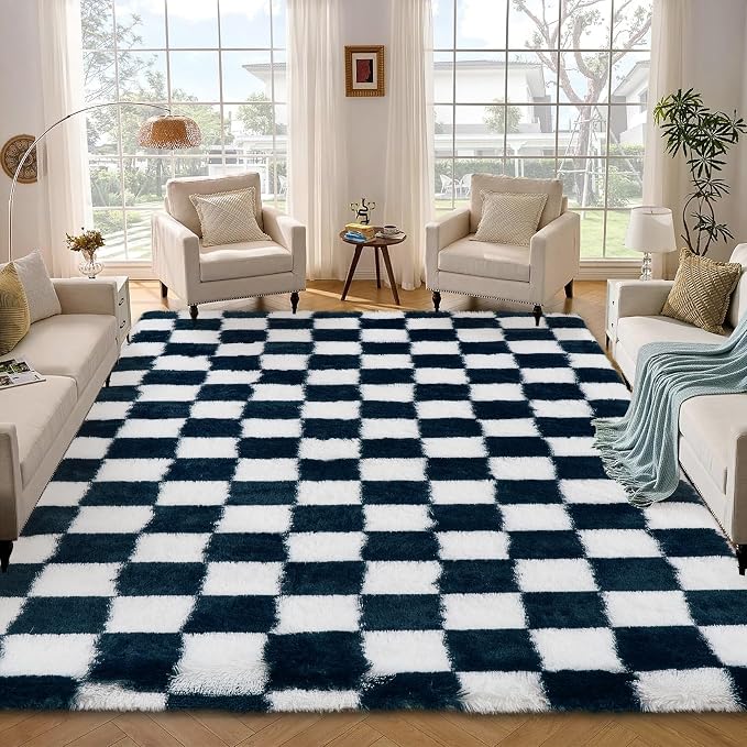 Garvee Checkered Rug 5x8 Super Soft Shaggy Rugs Fluffy Carpets Fluffy Fuzzy Rug for Living Room Bedroom,Checkered Fluffy Rugs for Girls Kids Room, Shag Plush Carpet for Teen Room Decor, Blue-White