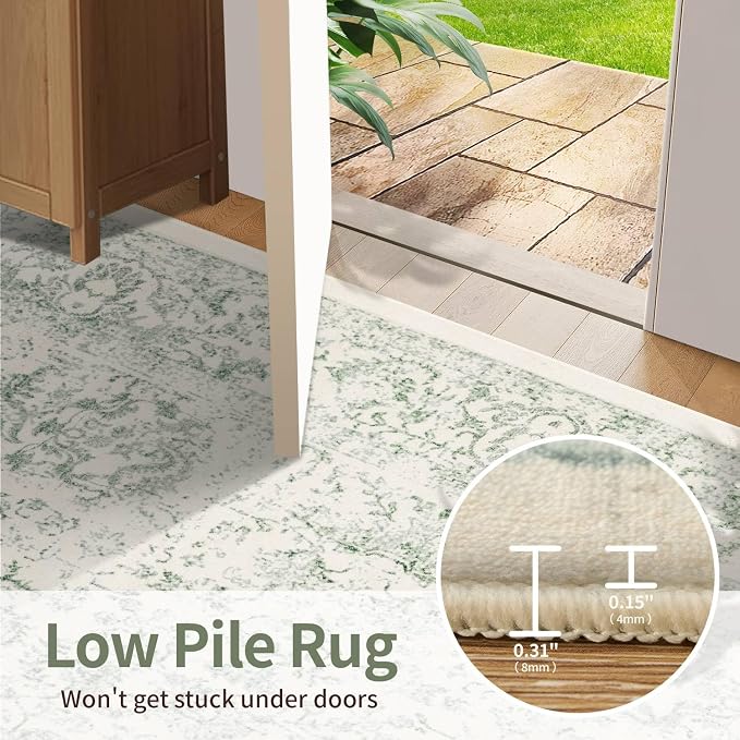 Rugxara 5X7 Washable Area Rug for Living Room, Vintage Large Boho Rugs for Office, Dining Room, Kids Room, Farmhouse, Durable Low Pile Non Slip Carpet for High Traffic Areas, Light Green