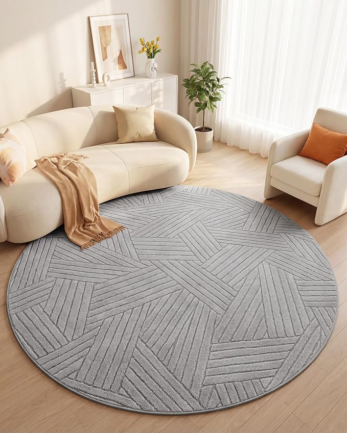 Carvapet 6.5' Round Rug Washable High Low Pile Area Rug Soft Plush Light Grey Carpet for Living Room Bedroom Non Slip Indoor Floor Rug for Home Kids Nursery Decor