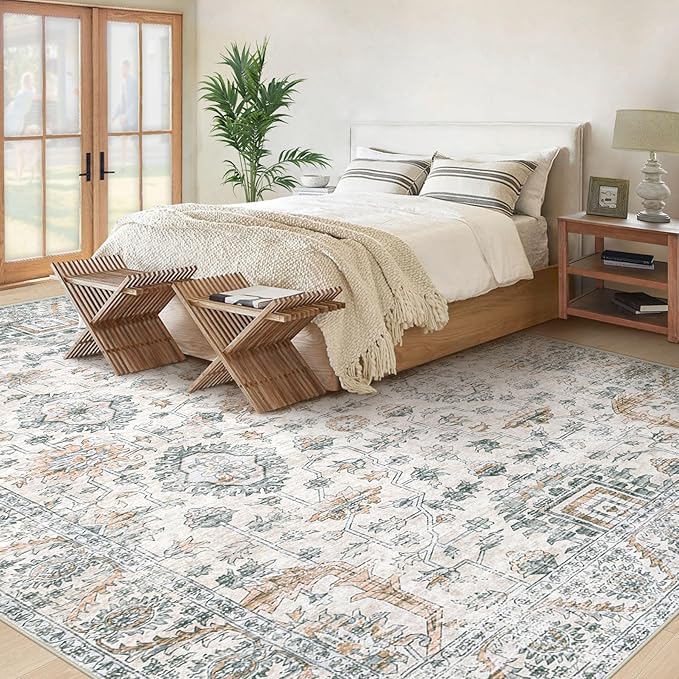 XLUEZ Area Rug 8x10 Living Room Rug, Machine Washable Vintage Distressed Boho Area Rug Non-Slip Soft Low Pile Large Indoor Rugs for Bedroom Kitchen Dining Room Office(Brown Green,8'x10')