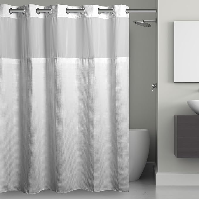Hookless It’s A Snap! Waffle Shower Curtain, 3-in-1 Shower Curtain with Sheer Top Window, Flex-On Rings & Fabric Liner, 71” x 86”, White