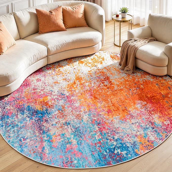 Rugflix Round Area Rugs 8Ft for Living Room, Washable Colorful Circle Rug | Machine Washable; Stain-resistant; Low Pile; Non-slip; Modern Abstract; Carpet for Bedroom Dining Office Nursery Home