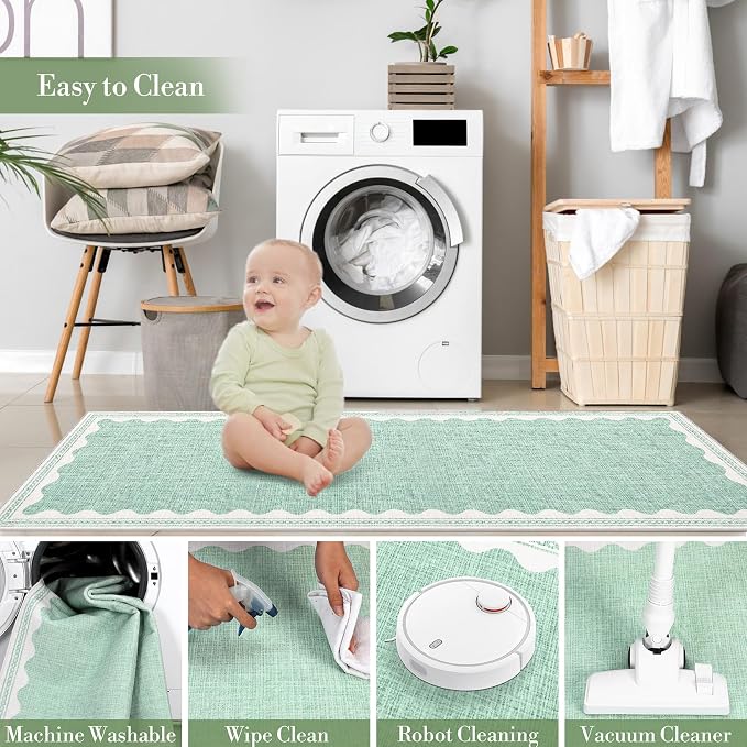 6ft Scalloped Round Rug Green Washable Living Room Bedroom Area Rug | Small Solid Rug for Bedroom Girls, Non Slip Scalloped Round Bath Mat, Soft Dorm Nursery Carpet for Bedside