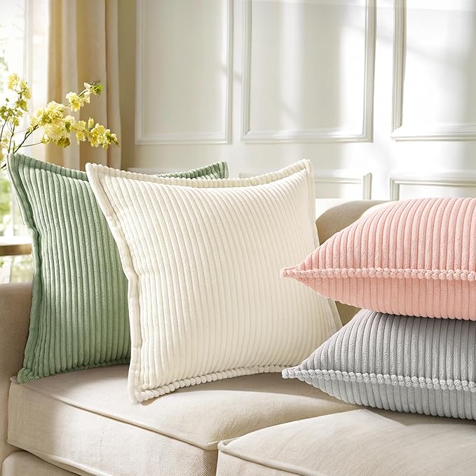 decorUhome Fall Corduroy Sage Green Throw Pillow Covers 26x26 Set of 2 | Euro Sham Couch Decorative Soft Modern Boho Farmhouse Pillow Covers Broadside Striped Pillow Cases for Living Room Bed Sofa