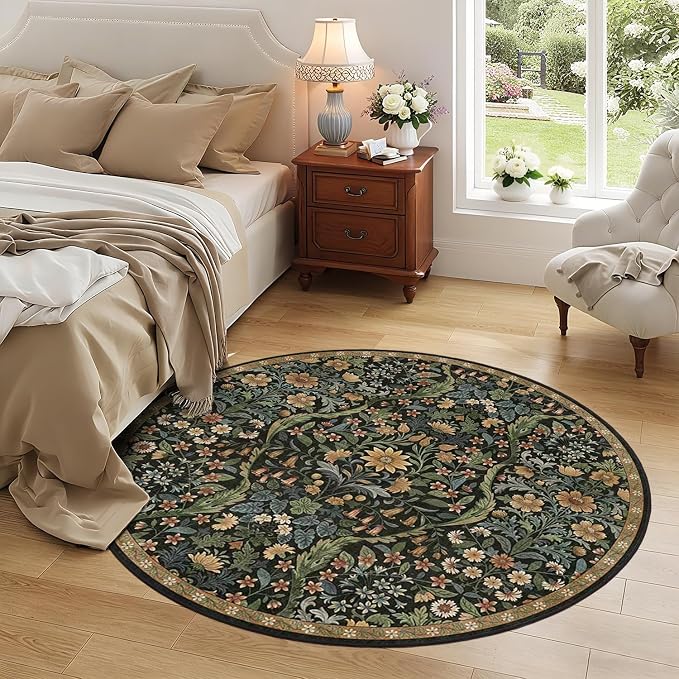 Round Rug 5ft Black Brown Washable Floral Circle Rug,Vintage Boho Botanical Round Area Rugs, Non-Slip Soft Low-Pile Circular Carpet for Bedroom,Kids Room,College Dorm,Home Decor