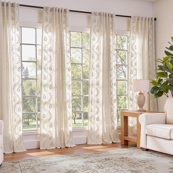 jinchan Floral Linen Curtains 84 Inch Farmhouse Back Tab 4 Panels Beige | Embroidered curtains,boho curtains,living room,bedroom,light filtering,privacy,flower patterned drapes,window treatment