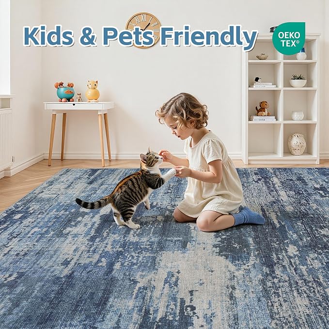 8x10 Area Rugs Living Room Rug Modern Abstract Neutral Washable Rugs Non Slip Soft Carpet Large Area Rug Low Pile Stain Resistant Non Shedding for Bedroom Nursery Dining Room Home Office Navy Blue