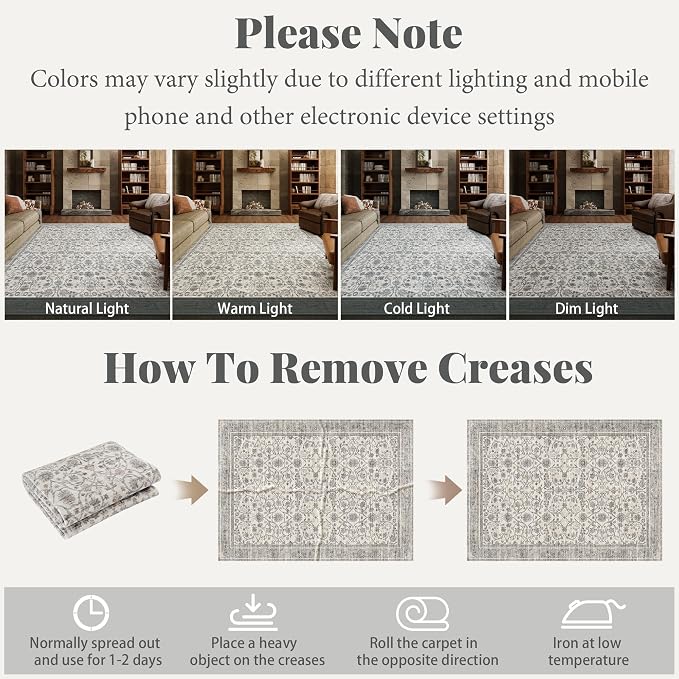 Washable Rugs for Living Room: 8x10 Area Rugs for Bedroom Ultra Soft Non-Slip Stain Resistant Vintage Boho Large Carpet for High-Traffic Dining Room - Farmhouse Decor