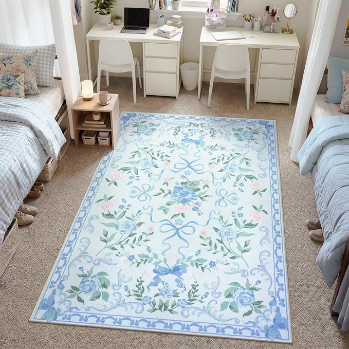 Collive Blue Floral Rugs for Girls, 5x7 Washable Bow Area Rug for Living Room, Cute Ultra-Thin Non Slip Indoor Decor Carpet for Nursery Kids Room Bedroom Playroom (Blue 5' x 7')
